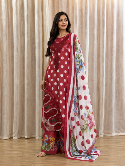 Inspired Maria B Candy Red Unstitched Polka Patch Work Cotton Suit