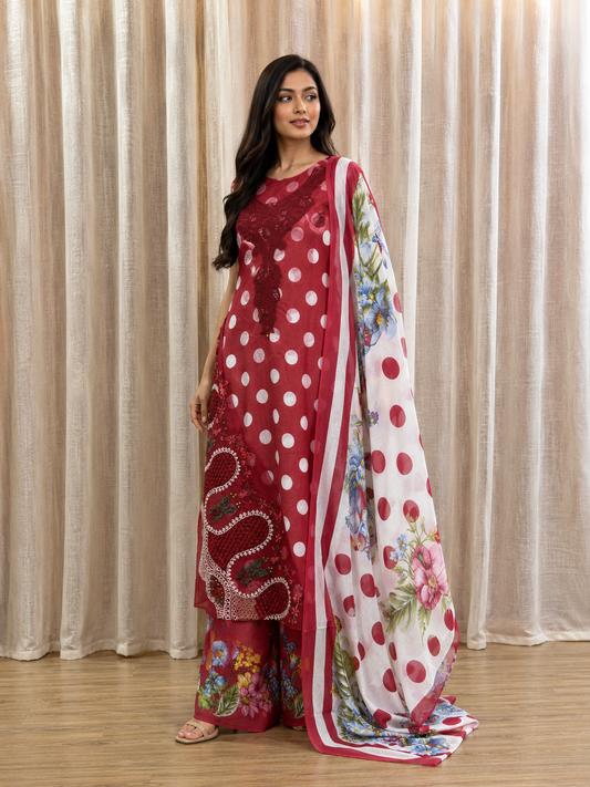 Inspired Maria B Candy Red Unstitched Polka Patch Work Cotton Suit