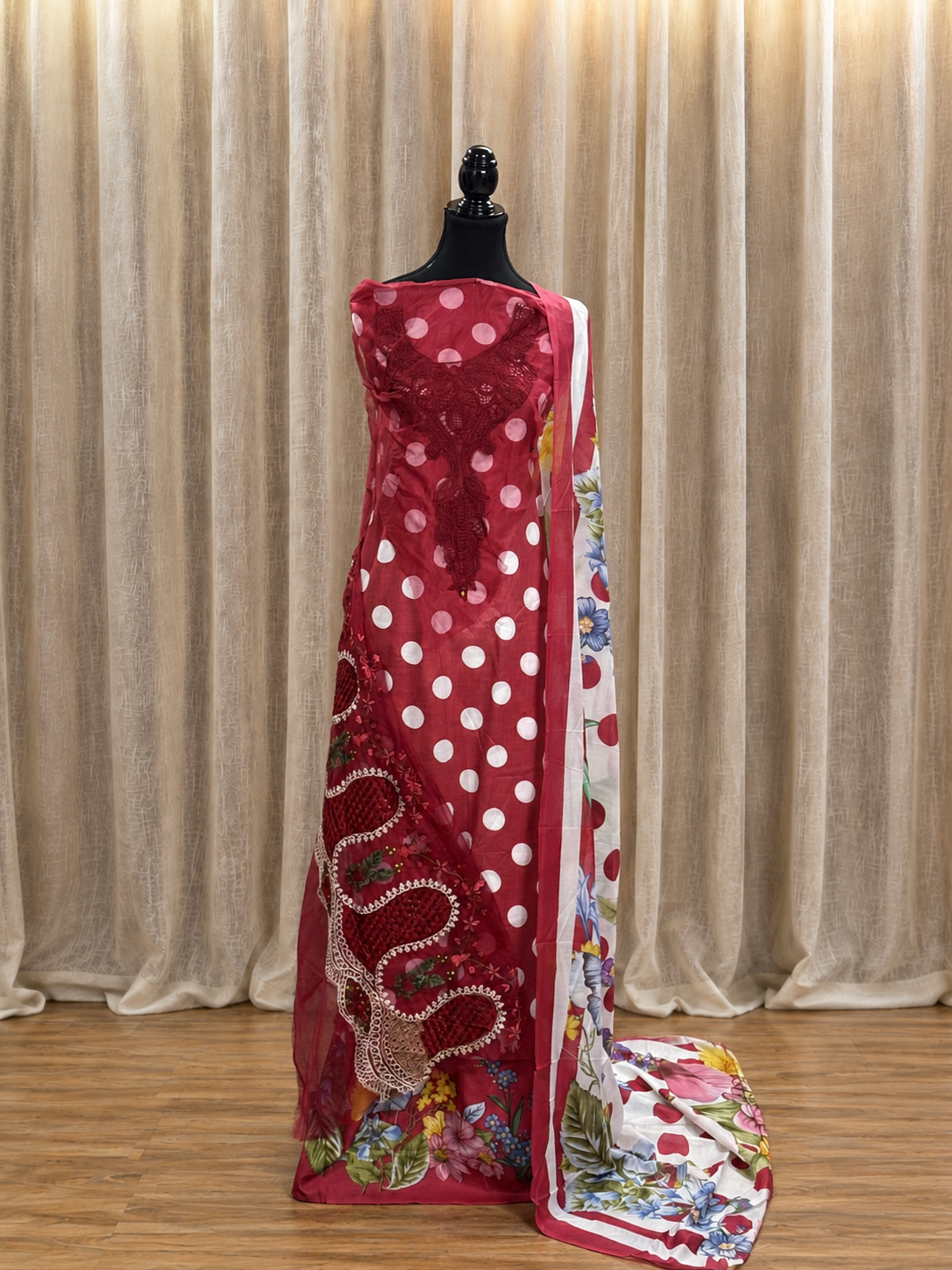 Inspired Maria B Candy Red Unstitched Polka Patch Work Cotton Suit