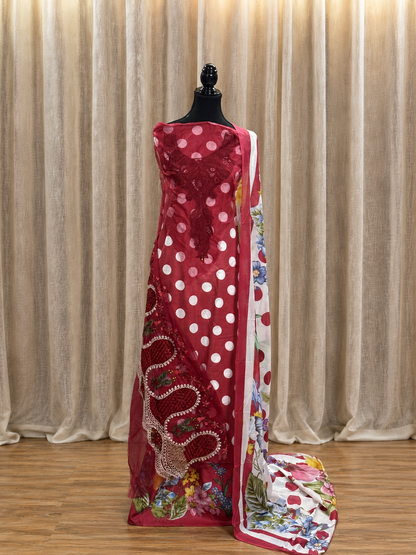 Inspired Maria B Candy Red Unstitched Polka Patch Work Cotton Suit