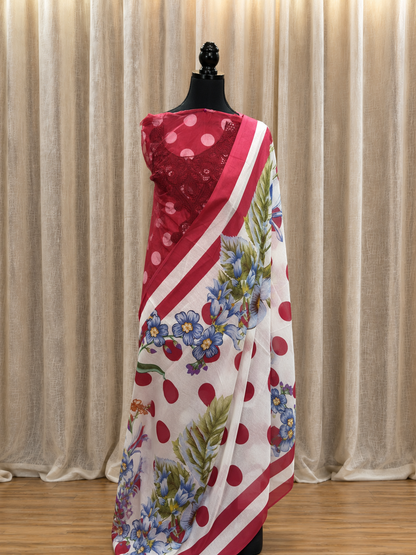 Inspired Maria B Candy Red Unstitched Polka Patch Work Cotton Suit