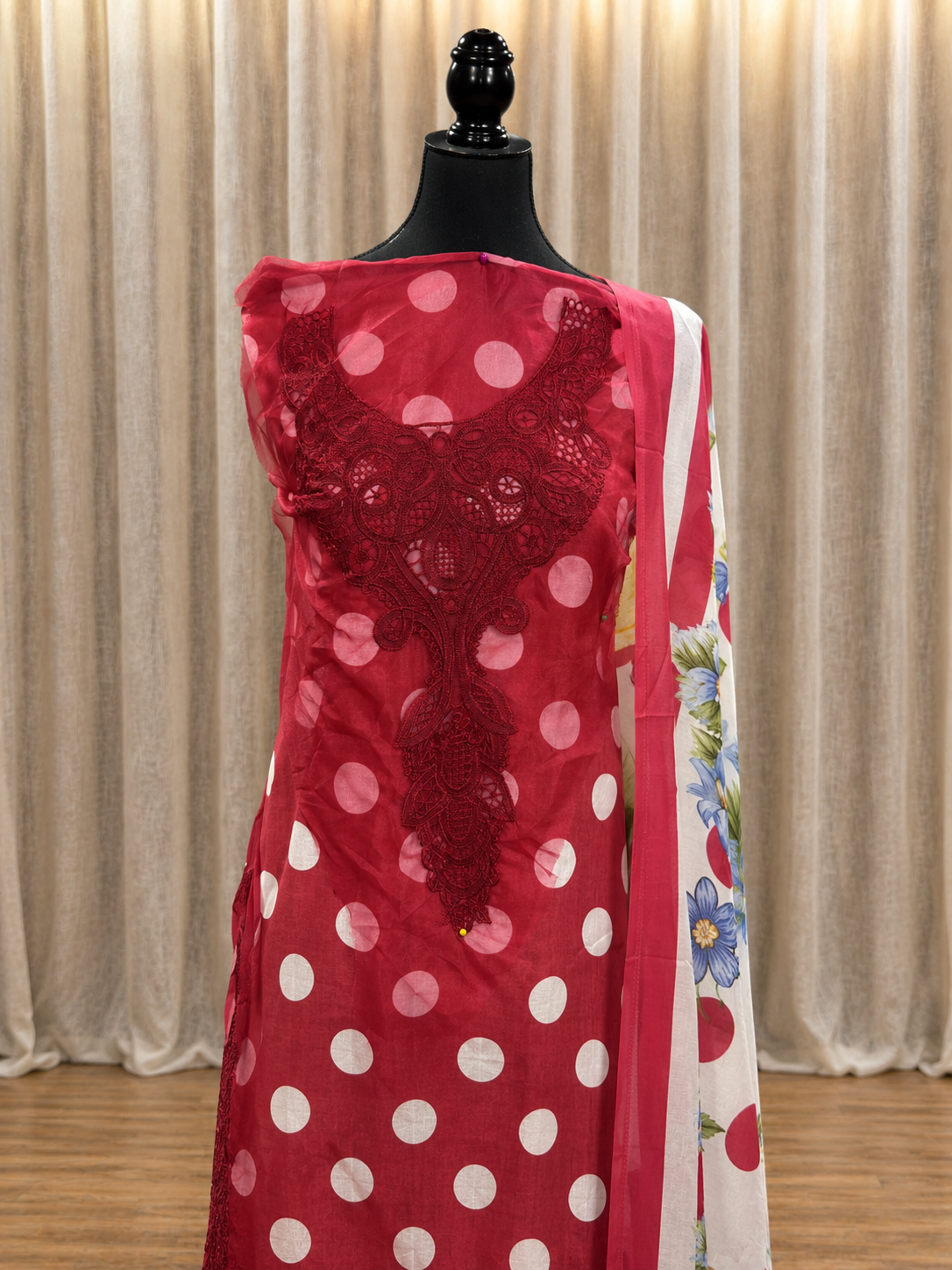 Inspired Maria B Candy Red Unstitched Polka Patch Work Cotton Suit