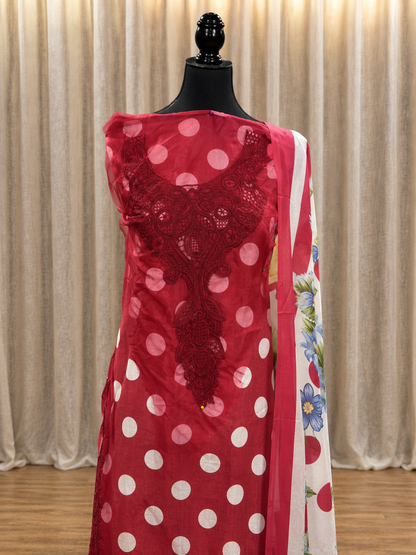 Inspired Maria B Candy Red Unstitched Polka Patch Work Cotton Suit