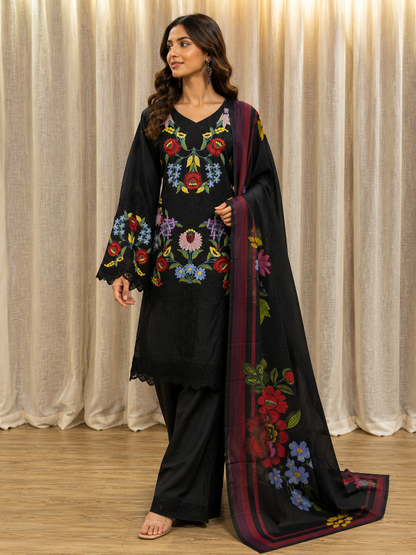 Inspired Maria B Royal Black Semi-stitched Embroidered Cotton Suit