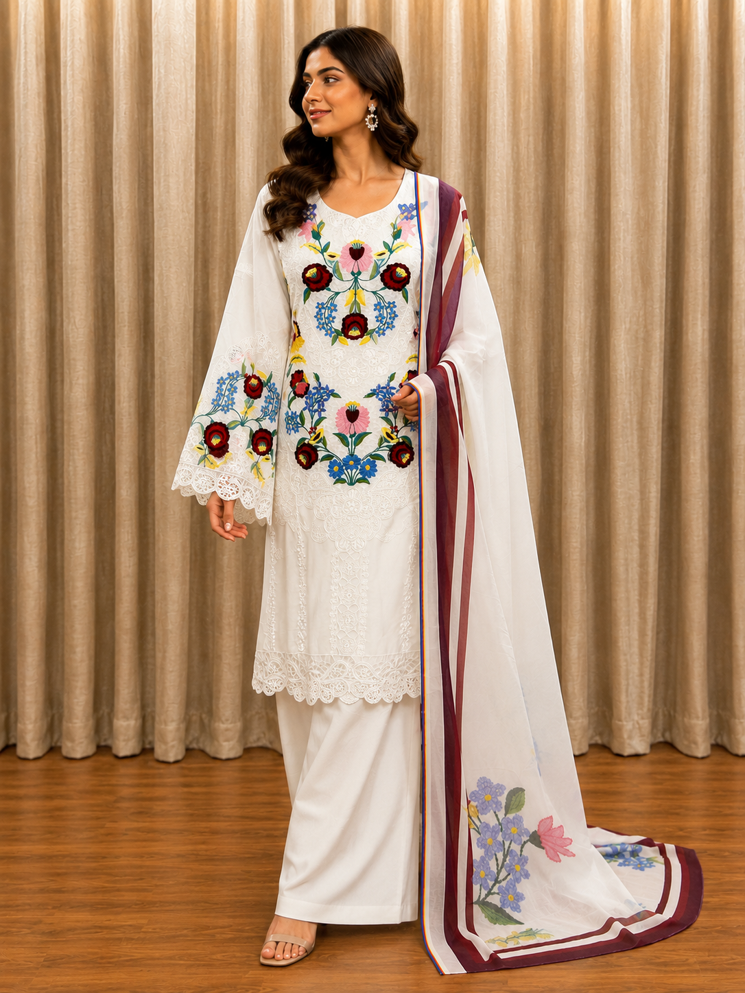 Inspired Maria B Royal White Semi-stitched Embroidered Cotton Suit