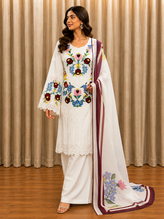 Inspired Maria B Royal White Semi-stitched Embroidered Cotton Suit
