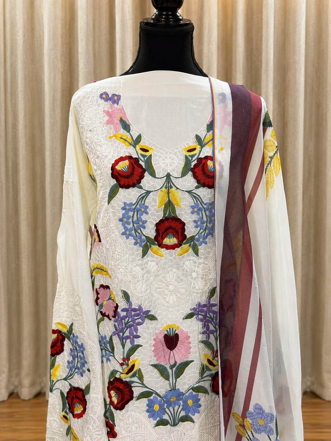 Inspired Maria B Royal White Semi-stitched Embroidered Cotton Suit