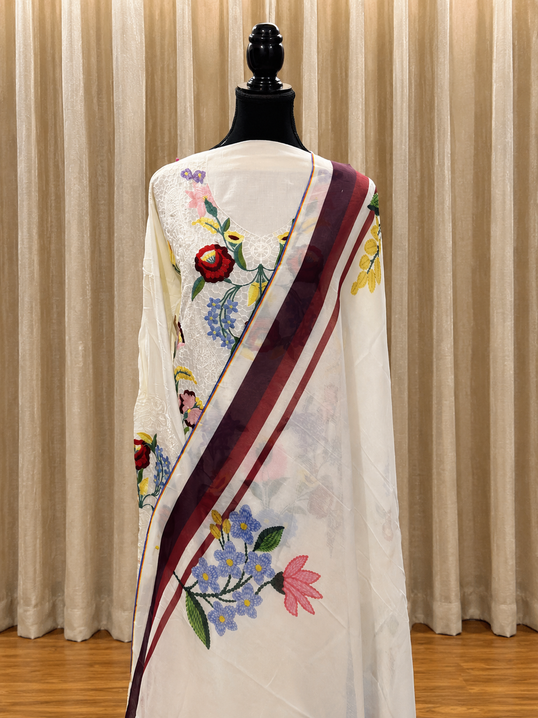 Inspired Maria B Royal White Semi-stitched Embroidered Cotton Suit