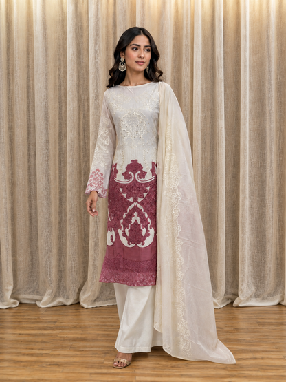 Inspired Maria B Pearl White Semi-stitched Embroidered Cotton Suit