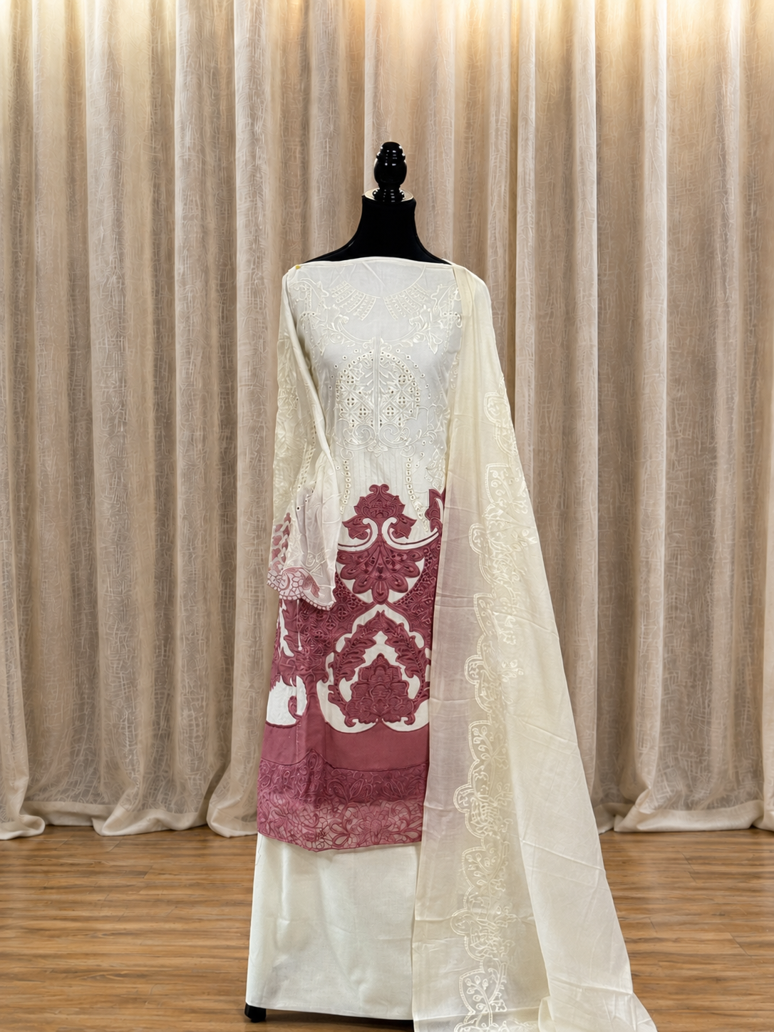 Inspired Maria B Pearl White Semi-stitched Embroidered Cotton Suit