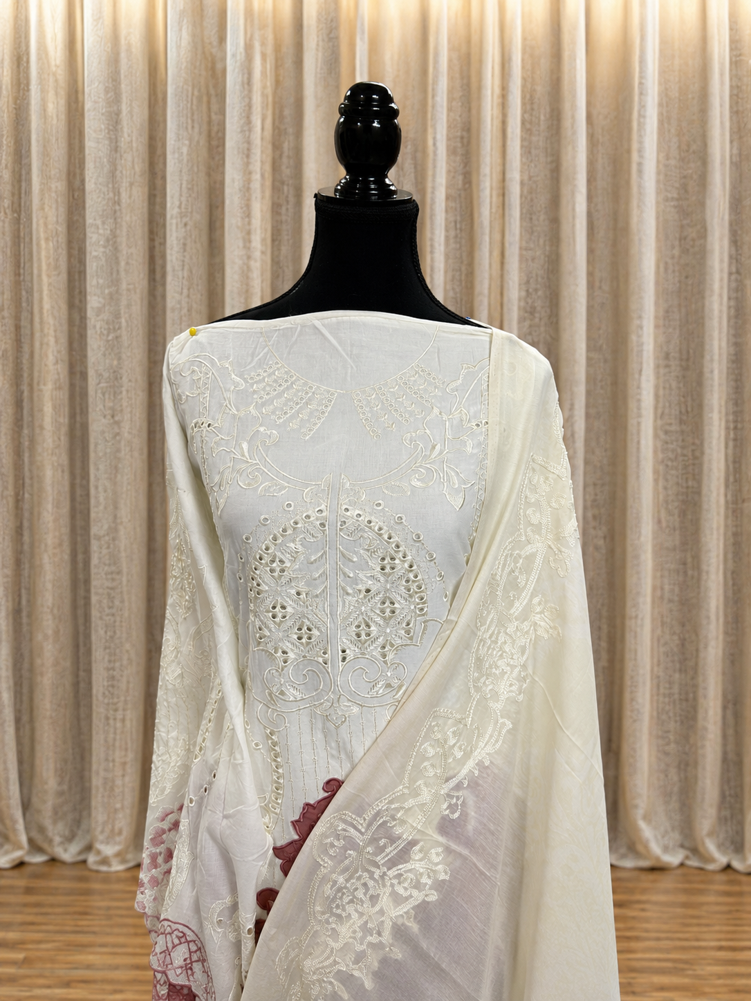 Inspired Maria B Pearl White Semi-stitched Embroidered Cotton Suit