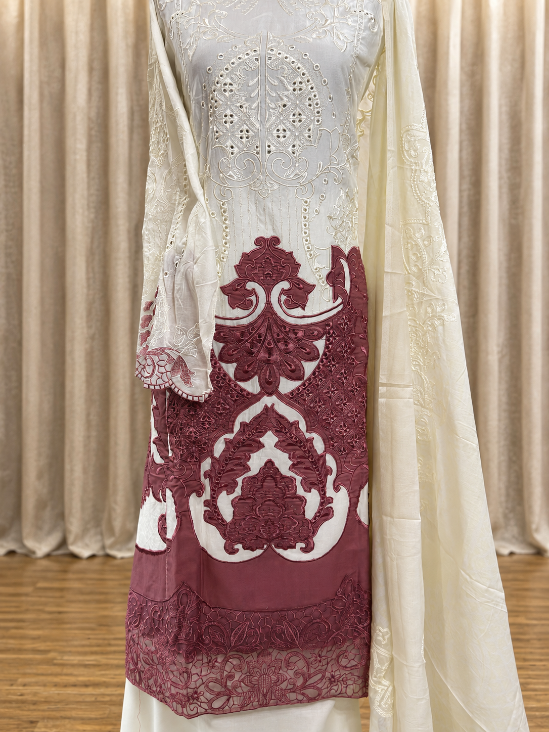 Inspired Maria B Pearl White Semi-stitched Embroidered Cotton Suit
