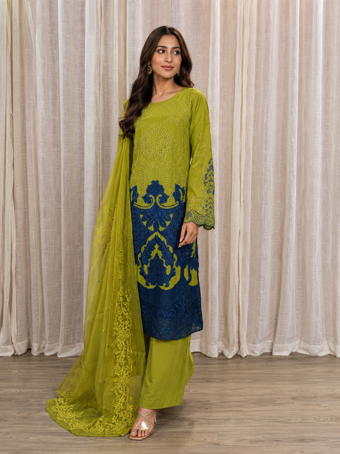 Inspired Maria B Lime Green Semi-stitched Embroidered Cotton Suit