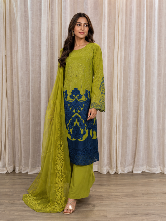 Inspired Maria B Lime Green Semi-stitched Embroidered Cotton Suit