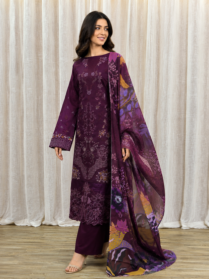 Inspired Ramsha Deep Plum Purple Semi-stitched Embroidered Cotton Suit
