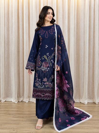 Inspired Ramsha Royal Navy Blue Semi-stitched Embroidered Cotton Suit