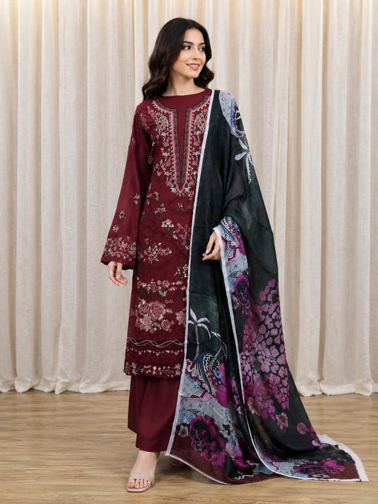 Inspired Ramsha Regal Maroon Semi-stitched Embroidered Cotton Suit