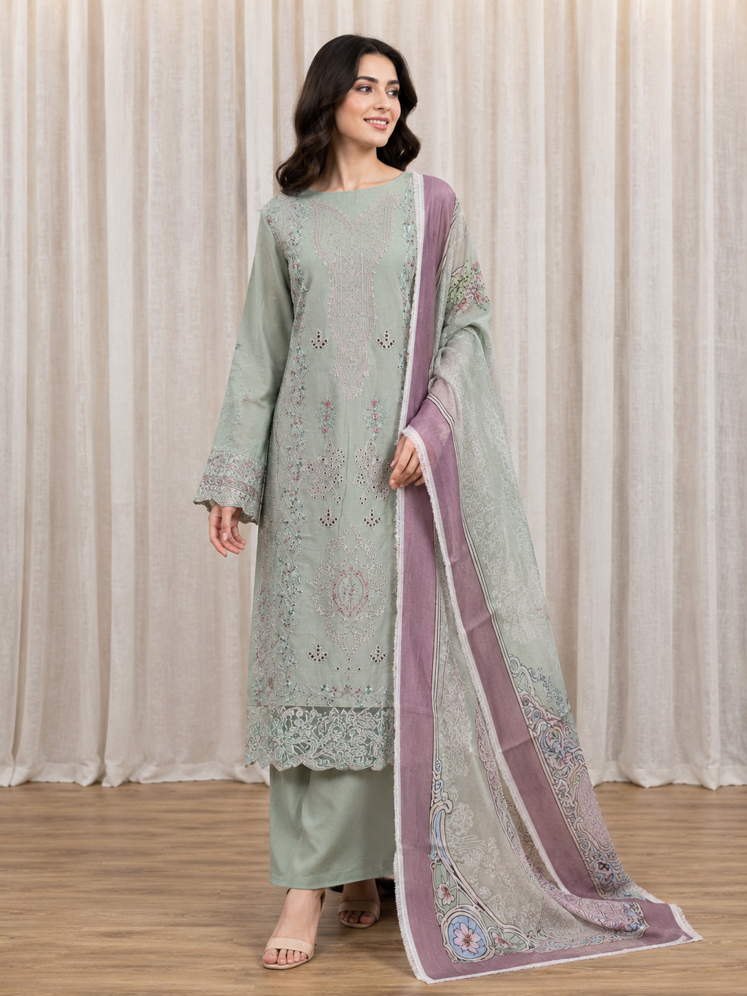 Inspired Ramsha Pista Green Semi-stitched Embroidered Cotton Suit
