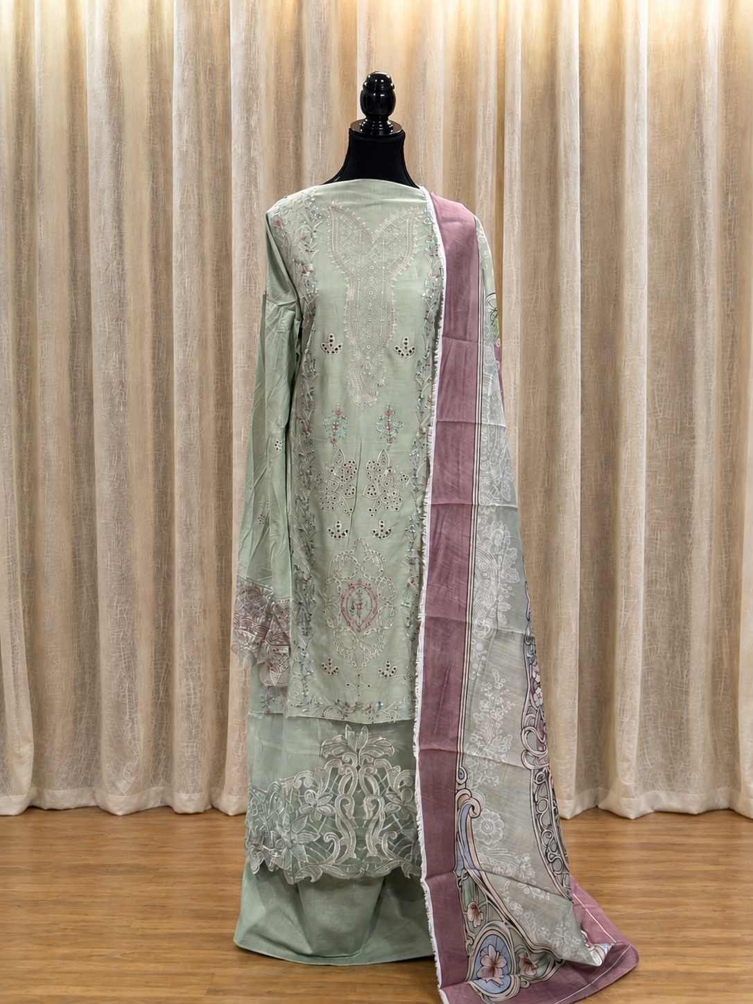 Inspired Ramsha Pista Green Semi-stitched Embroidered Cotton Suit