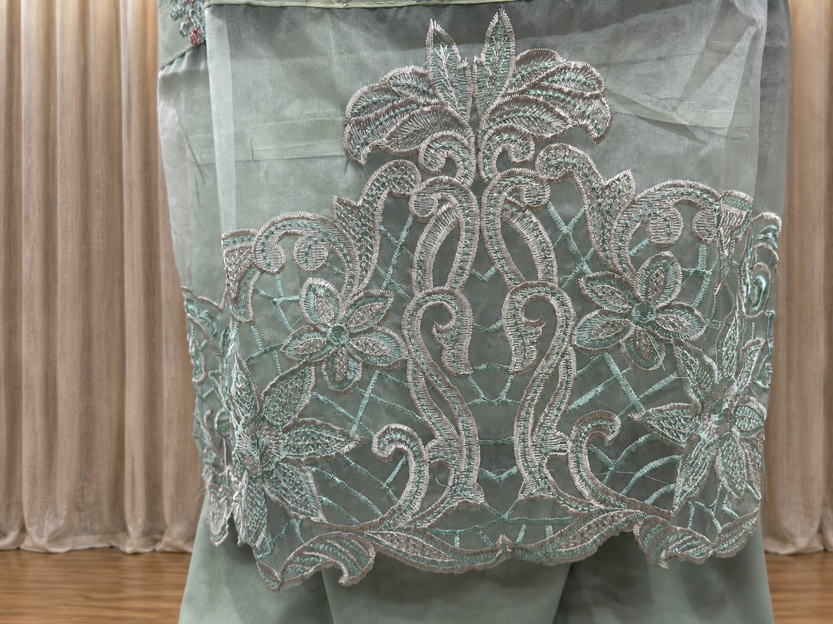 Inspired Ramsha Pista Green Semi-stitched Embroidered Cotton Suit