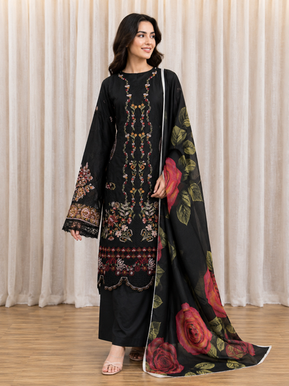 Inspired Ramsha Jet Black Semi-stitched Embroidered Cotton Suit