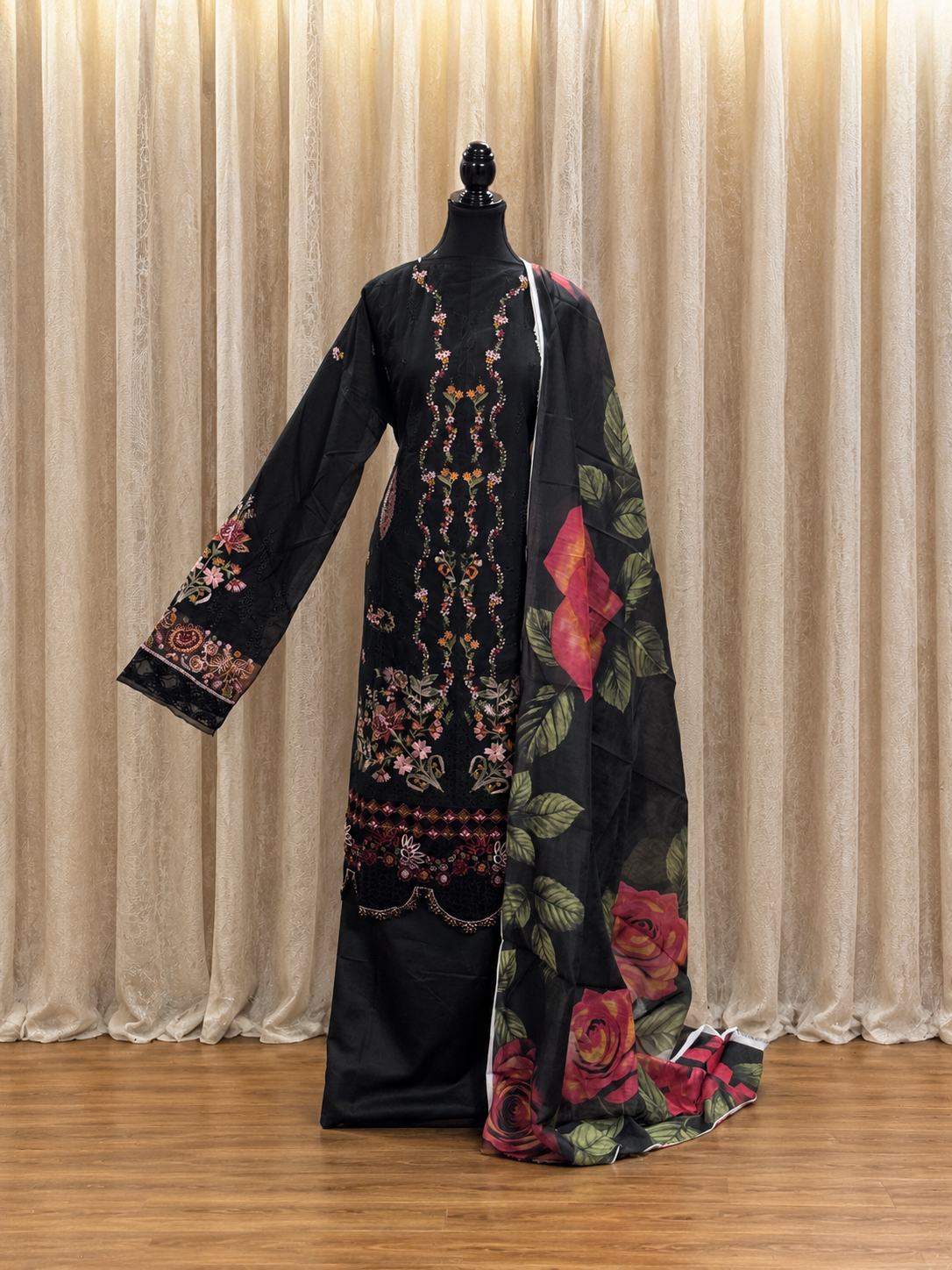 Inspired Ramsha Jet Black Semi-stitched Embroidered Cotton Suit
