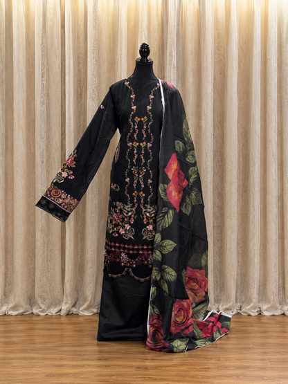 Inspired Ramsha Jet Black Semi-stitched Embroidered Cotton Suit