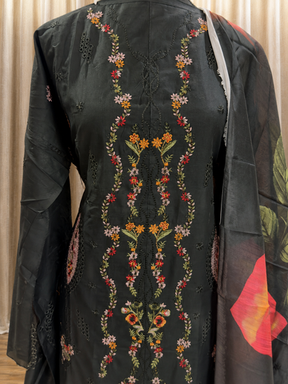 Inspired Ramsha Jet Black Semi-stitched Embroidered Cotton Suit