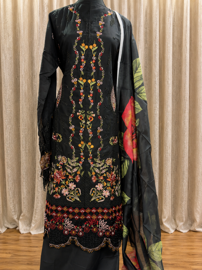 Inspired Ramsha Jet Black Semi-stitched Embroidered Cotton Suit
