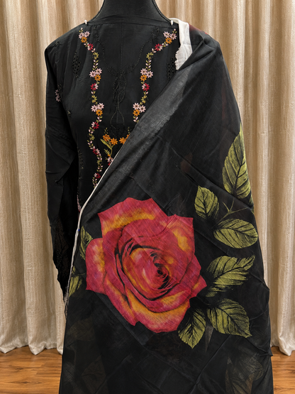 Inspired Ramsha Jet Black Semi-stitched Embroidered Cotton Suit