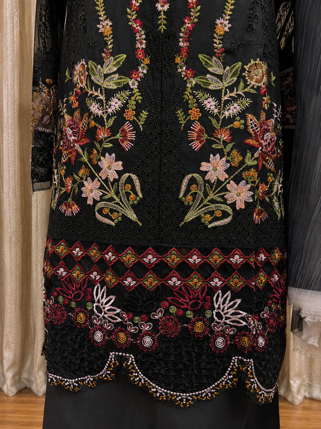 Inspired Ramsha Jet Black Semi-stitched Embroidered Cotton Suit