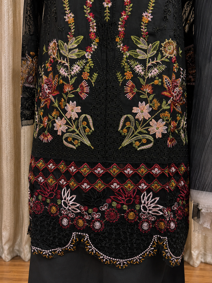 Inspired Ramsha Jet Black Semi-stitched Embroidered Cotton Suit