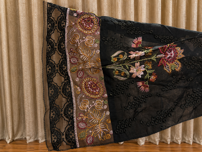 Inspired Ramsha Jet Black Semi-stitched Embroidered Cotton Suit