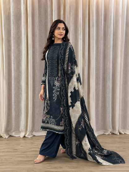 Inspired Shree Fab Royal Green Unstitched Embroidered Cotton Suit