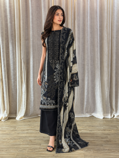 Inspired Shree Fab Charcoal Black Unstitched Embroidered Cotton Suit