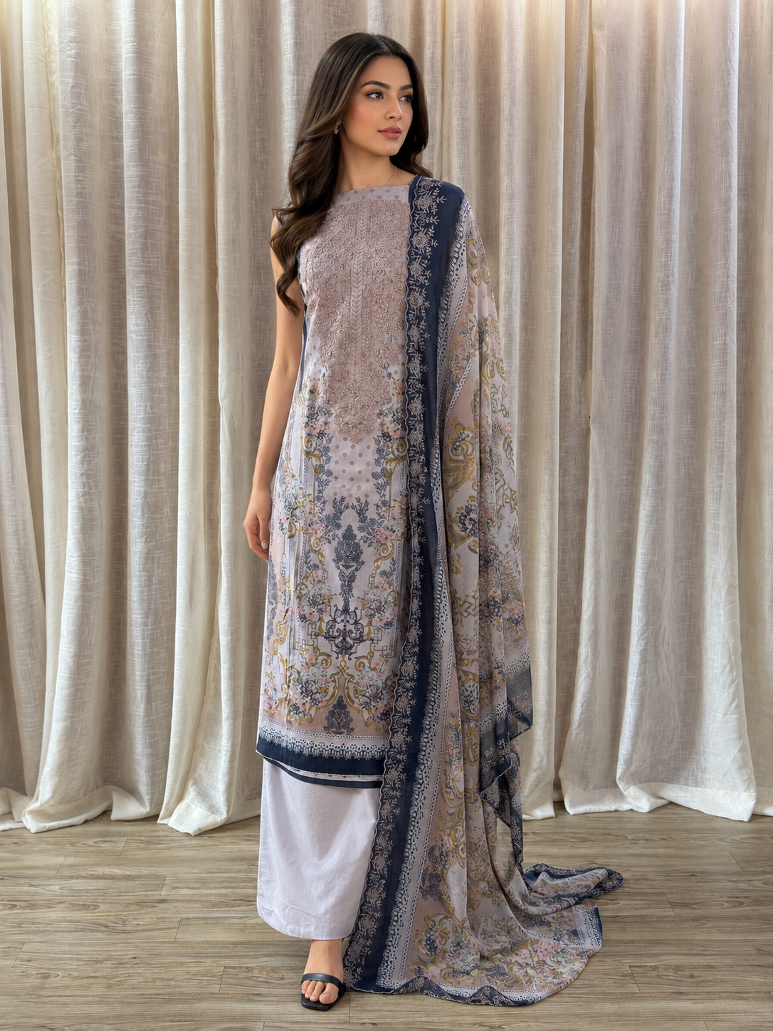 Inspired Shree Fab Blush Peach Unstitched Embroidered Cotton Suit