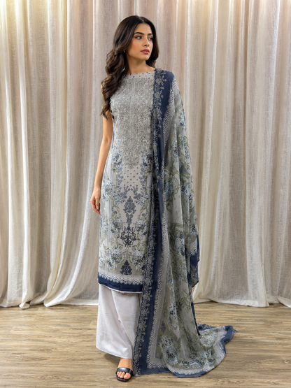 Inspired Shree Fab Silver Sage Green Unstitched Embroidered Cotton Suit