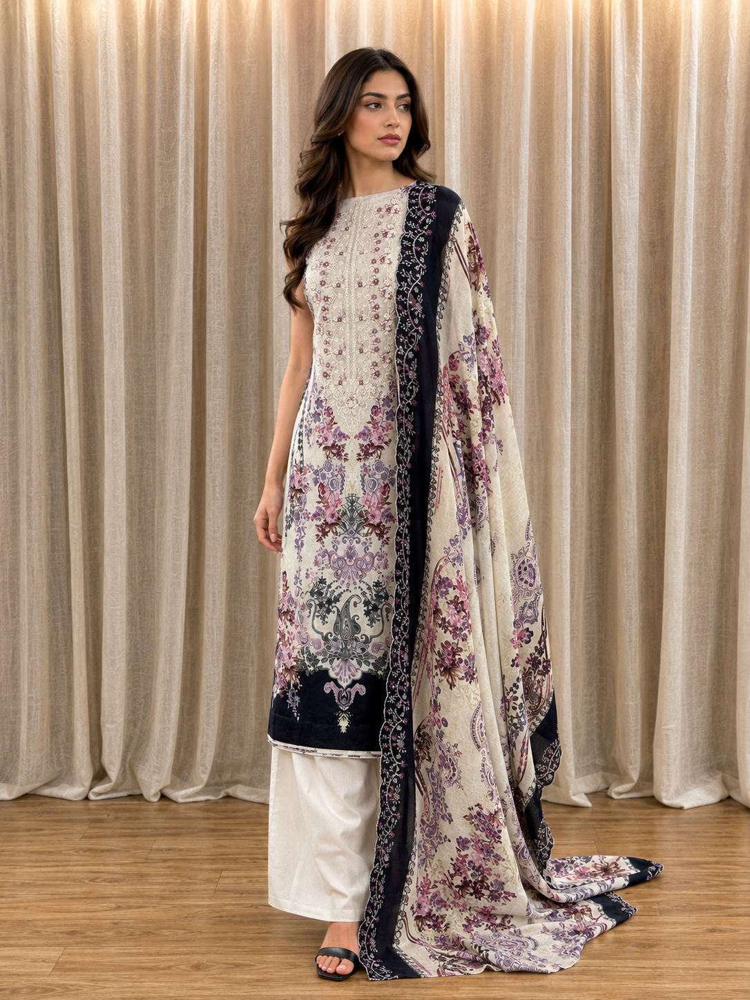Inspired Shree Fab Ivory Pista Green Unstitched Embroidered Cotton Suit