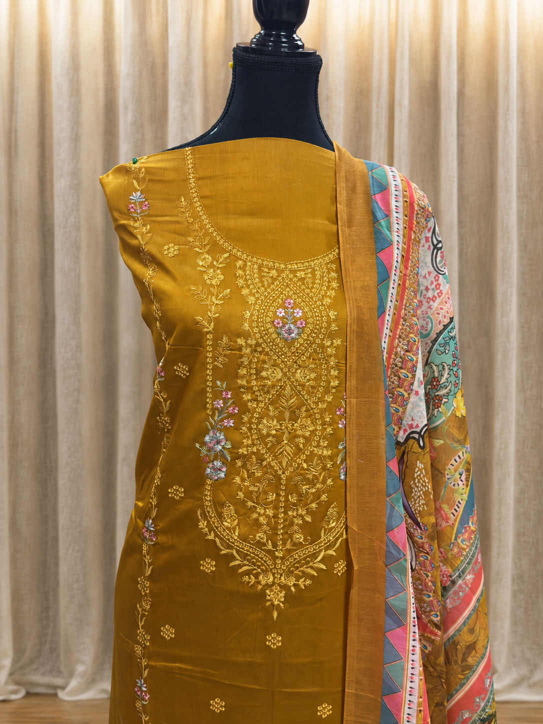 Inspired Zarqash Rich Mustard Yellow Unstitched Embroidered Cotton Suit
