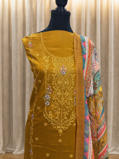 Inspired Zarqash Rich Mustard Yellow Unstitched Embroidered Cotton Suit