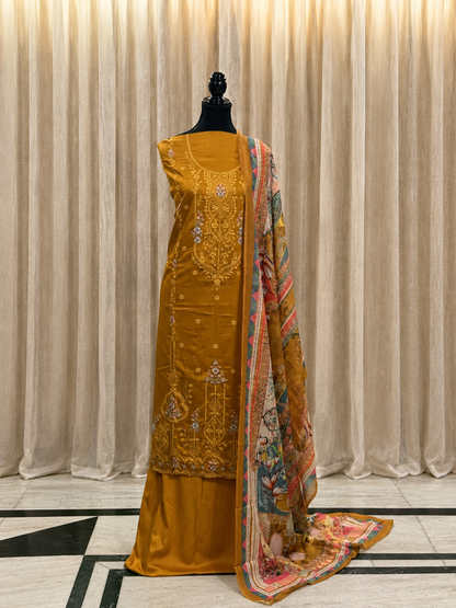 Inspired Zarqash Rich Mustard Yellow Unstitched Embroidered Cotton Suit