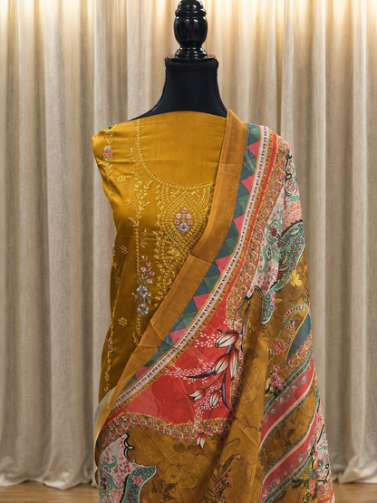 Inspired Zarqash Rich Mustard Yellow Unstitched Embroidered Cotton Suit