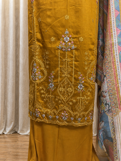 Inspired Zarqash Rich Mustard Yellow Unstitched Embroidered Cotton Suit