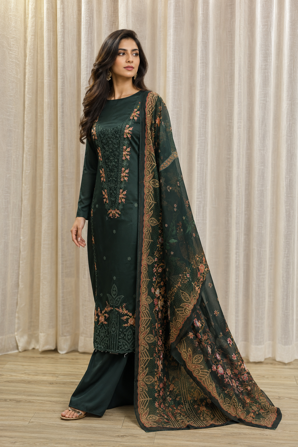 Inspired Zarqash Royal Green Unstitched Embroidered Cotton Suit