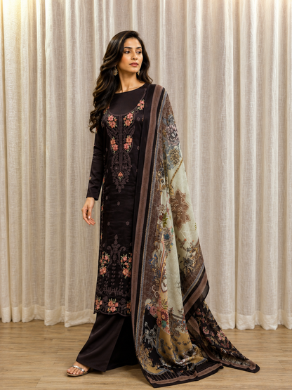 Inspired Zarqash Dark Cocoa Brown Unstitched Embroidered Cotton Suit