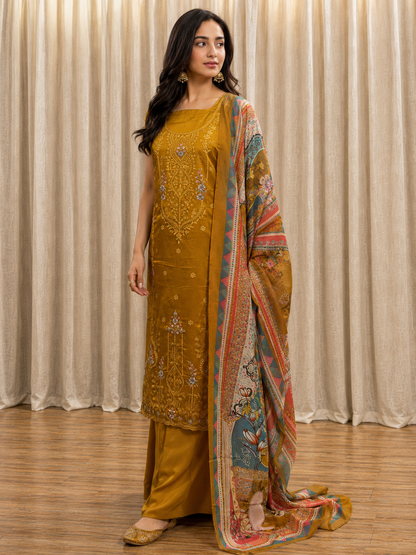 Inspired Zarqash Rich Mustard Yellow Unstitched Embroidered Cotton Suit