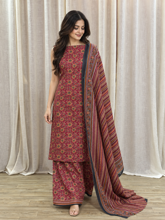 Original Bin Saeed Rust Red Floral Print Unstitched Lawn Suit