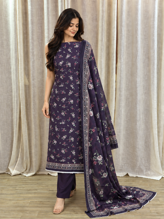 Original Bin Saeed Plum Purple Floral Print Unstitched Lawn Suit
