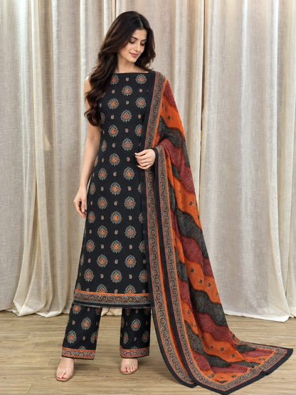 Original Bin Saeed Royal Black Floral Print Unstitched Lawn Suit