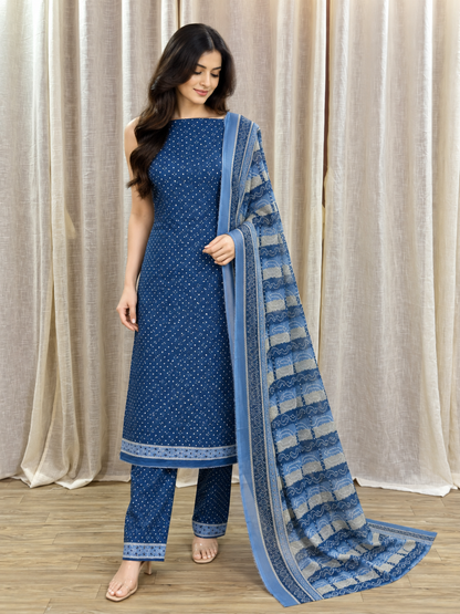 Original Bin Saeed Rich Blue Floral Print Unstitched Lawn Suit